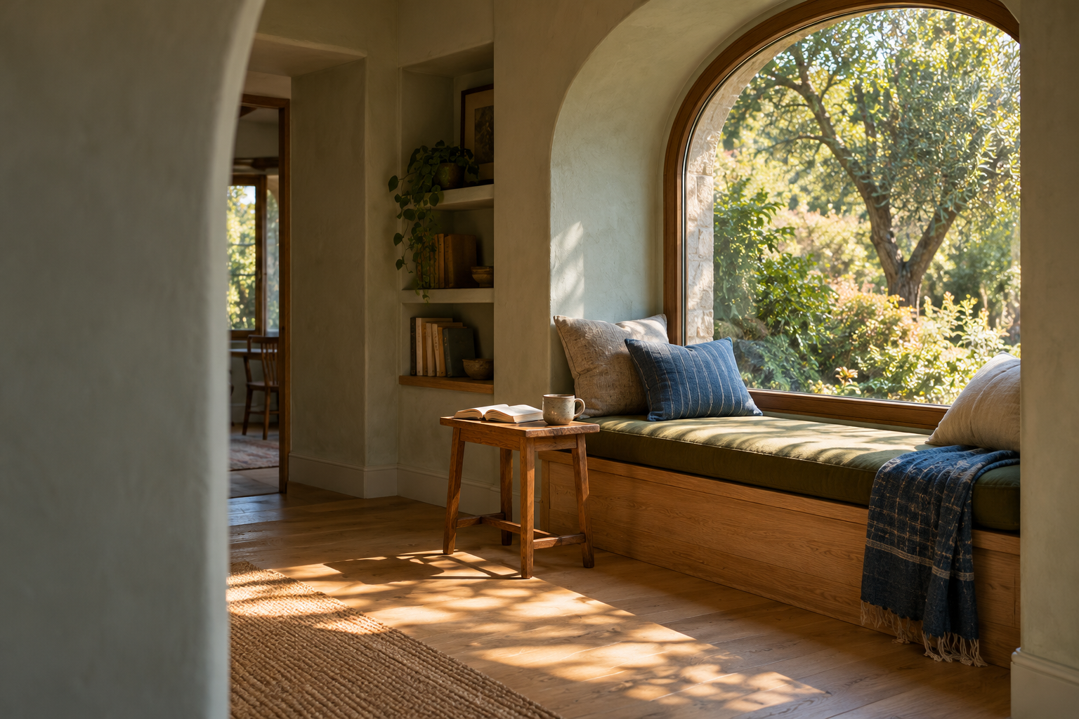 Garden light falls through a deep arched window onto a simple timber seat and a reading table.